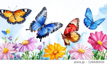 Butterfly flying on flower colorful watercolor painting. 126686930