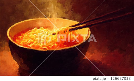 湯気が立ち上る熱々のラーメンを箸で持ち上げるイラスト_2 126687038