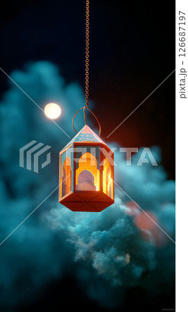 Traditional lantern glowing in night sky with clouds and full moon background 126687197