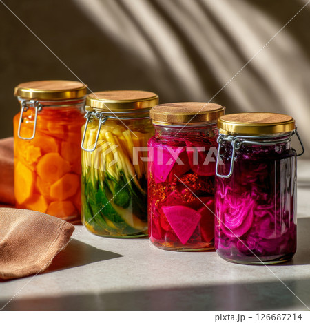 Colorful jars of pickled vegetables in sunlight with shadows and minimal background 126687214