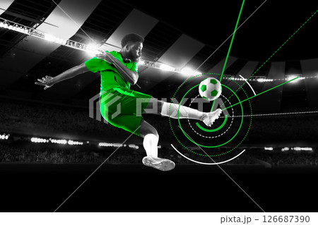 Athlete in green uniform performs mid-air kick with dynamic motion tracking circles. Monochrome stadium. Conceptual art design 126687390