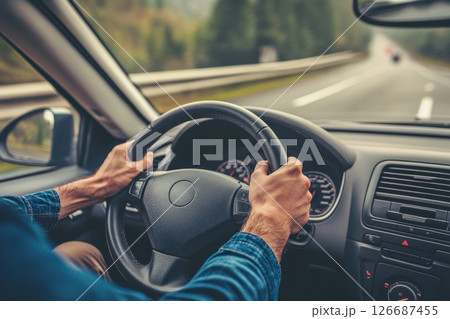 Hands on Steering Wheel While Driving on Open Road Trip 126687455