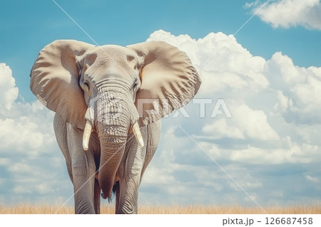 Majestic Elephant Standing in Front of Beautiful Cloudy Sky in Open Field Environment 126687458
