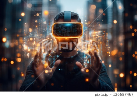 A man wearing a virtual reality headset is holding his hands up in the air. Concept of excitement and wonder as the man experiences the virtual world A man wearing a virtual reality headset is holding his hands up in the air. Concept of excitement and wonder as the man experiences the virtual world 126687467