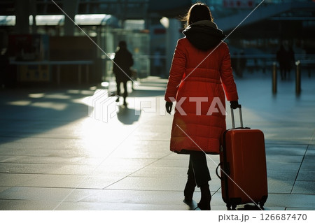 Woman in Red Coat Carrying Orange Luggage at Airport Terminal During Sunset with Soft Reflections on the Ground Woman in Red Coat Carrying Orange Luggage at Airport Terminal During Sunset with Soft Reflections on the Ground 126687470