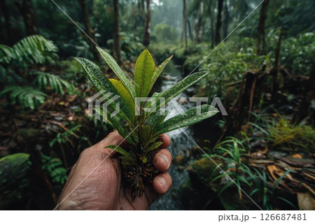 Close Up of Person's Hand Holding a Seedling in Lush Green Forest Setting Close Up of Person's Hand Holding a Seedling in Lush Green Forest Setting 126687481