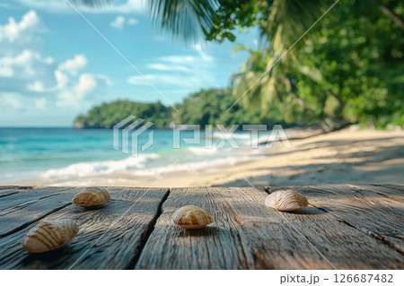 Scenic Beachside View with Shells on Weathered Wooden Plank Amidst Tropical Paradise 126687482