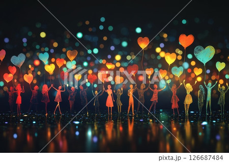 Colorful Paper Cutout Figures Holding Balloons Against Dreamy Background Colorful Paper Cutout Figures Holding Balloons Against Dreamy Background 126687484
