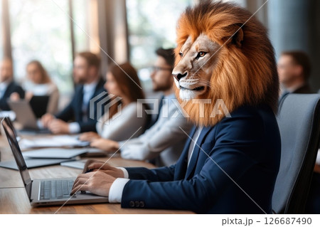Business Meeting with Lion Head in Office Environment Business Meeting with Lion Head in Office Environment 126687490