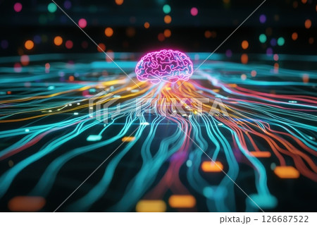 Colorful Abstract Brain with Dynamic Energy Flowing From It in a Futuristic Setting Colorful Abstract Brain with Dynamic Energy Flowing From It in a Futuristic Setting 126687522