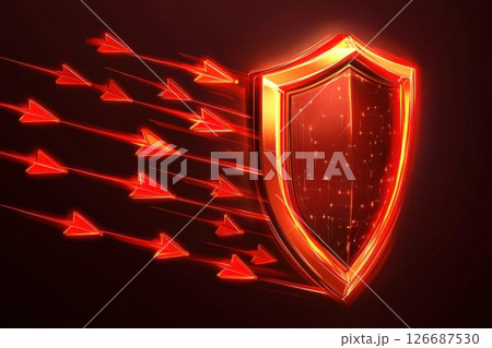 Vibrant Red Shield with Flowing Arrows Representing Protection and Defense Concept 126687530