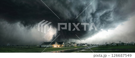 Black tornado over community village. The lights in the houses are on. Illustration for insurance 126687549