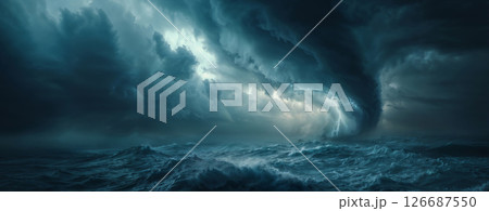 Violent tviornado over sea. Scary illustration of natural phenomenon. AI-generated Violent tviornado over sea. Scary illustration of natural phenomenon. AI-generated 126687550