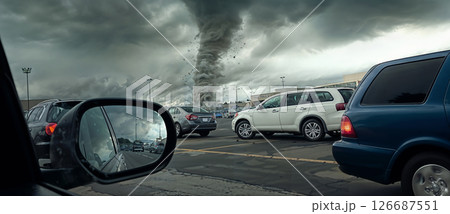Tornado over city traffic. Cars are stuck in the jam. Grey whirlwind over parking lot 126687551