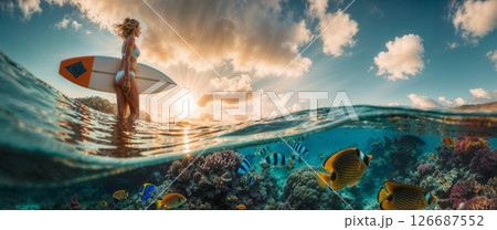 Young woman with surf at the sea at the sunset. Split shot of underwater and surface. Beautiful fish Young woman with surf at the sea at the sunset. Split shot of underwater and surface. Beautiful fish 126687552