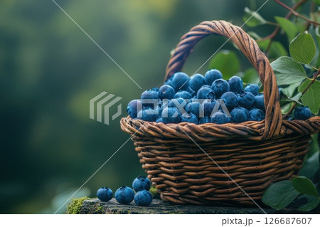 A basket full of blueberries is sitting on a wooden surface A basket full of blueberries is sitting on a wooden surface 126687607