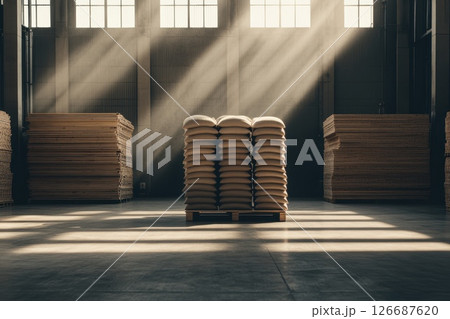 Lifting Cement Bags on Forklift in Warehouse Lifting Cement Bags on Forklift in Warehouse 126687620