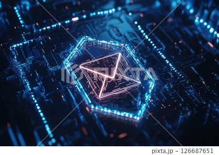 Futuristic Email Icon on Circuit Board with Neon Lights and Dark Background 126687651