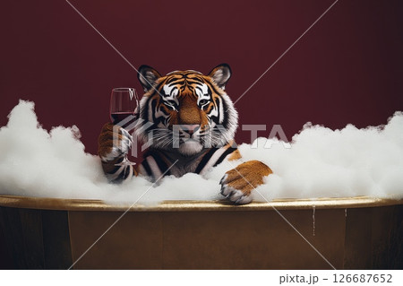 A Tiger Enjoying a Relaxing Bath in a Luxurious Setting While Holding a Glass of Red Wine Surrounded by Bubbles and a Rich Red Background A Tiger Enjoying a Relaxing Bath in a Luxurious Setting While Holding a Glass of Red Wine Surrounded by Bubbles and a Rich Red Background 126687652