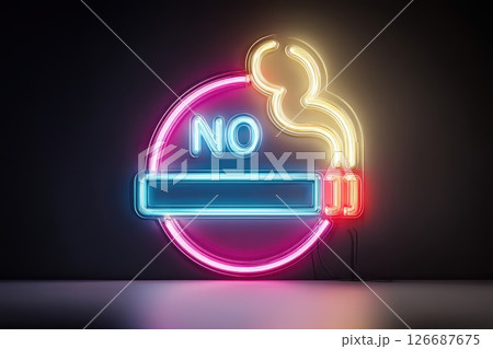 Neon No Smoking Sign with Light Beams in a Dark Setting for Modern Interior Design 126687675