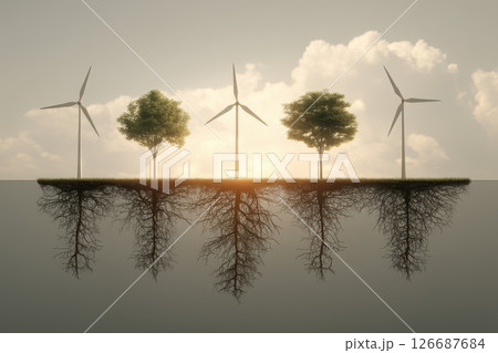 Wind Turbines Sprouting Like Trees from Glowing Roots in Surreal Environmental Landscape Wind Turbines Sprouting Like Trees from Glowing Roots in Surreal Environmental Landscape 126687684