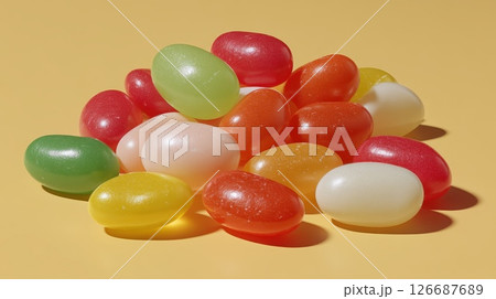 Vibrant Pile of Glossy Jelly Beans Overflowing on a Bright Yellow Background Vibrant Pile of Glossy Jelly Beans Overflowing on a Bright Yellow Background 126687689