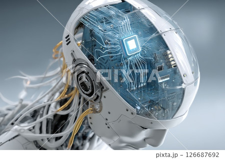 Robot with Transparent Head Showing Microchips and Circuitry for Futuristic Technology Concepts Robot with Transparent Head Showing Microchips and Circuitry for Futuristic Technology Concepts 126687692