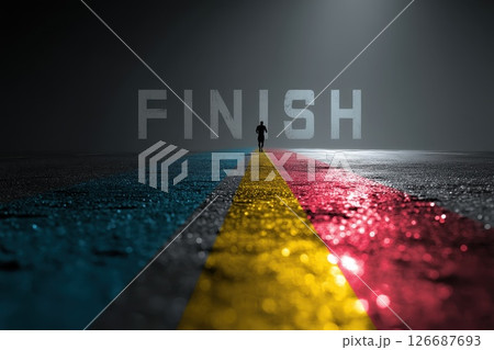 Brightly Lit Road with Finish Line Banner on Dark Background for Inspiring Sports Imagery 126687693