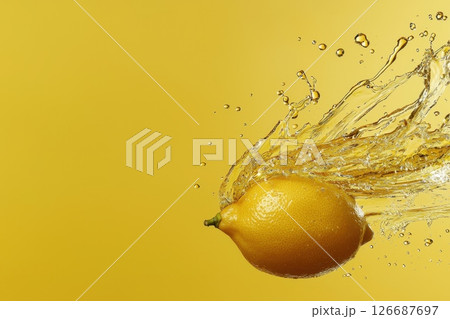 A yellow lemon is sliced and floating in a splash of water A yellow lemon is sliced and floating in a splash of water 126687697