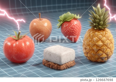 Abstract Visual of Glowing Plant-Based Foods on a Futuristic Background Abstract Visual of Glowing Plant-Based Foods on a Futuristic Background 126687698
