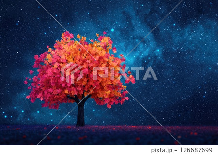 Vibrant Autumn Tree Against Cosmic Background 126687699