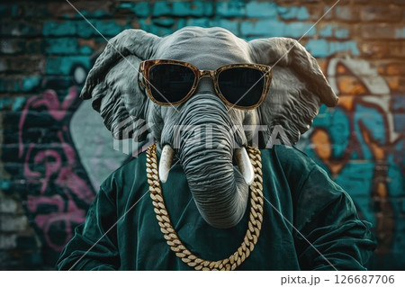 A cartoon elephant wearing sunglasses and a gold chain 126687706