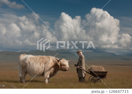 Highland Agriculturalist Feeding Cow with Hay in Scenic Landscape Under Dramatic Clouds 126687715