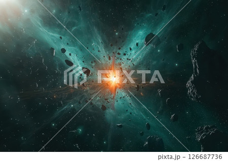 Exploding Star in Vivid Cyan Cosmic Scene Exploding Star in Vivid Cyan Cosmic Scene 126687736