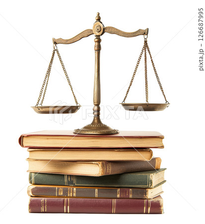 Scale of justice on top of stack book isolated on white background transparent PNG clipart. Scale of justice on top of stack book isolated on white background transparent PNG clipart. 126687995