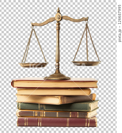 Scale of justice on top of stack book isolated on white background transparent PNG clipart. Scale of justice on top of stack book isolated on white background transparent PNG clipart. 126687995