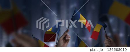 Chad flags in their hands on a blurred urban background 126688010