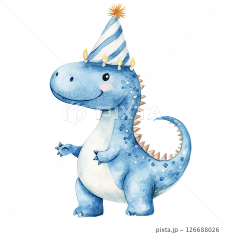 Happy purple dinosaur birthday watercolor png clipart isolated on white background. 126688026