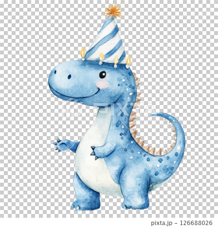 Happy purple dinosaur birthday watercolor png clipart isolated on white background. 126688026
