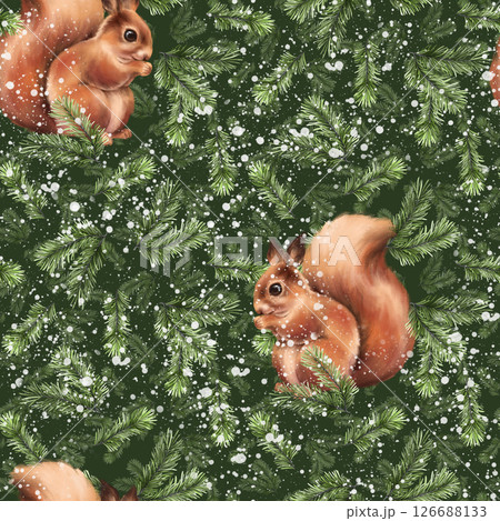 Squirrel and Pine Branch Seamless Pattern Illustration 126688133