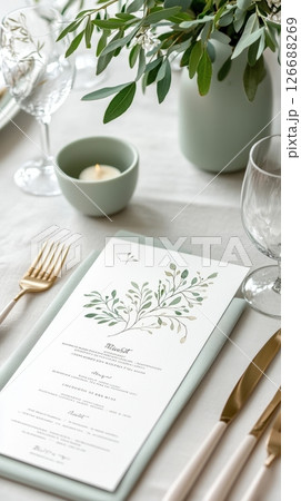 Elegant wedding menu with greenery illustration and sage green decor 126688269