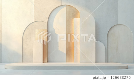 Elegant white and beige sculpture featuring intricate arches for modern art enthusiasts 126688270