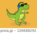 cartoon illustration of a dinosaur wearing glasses and headphones 126688292