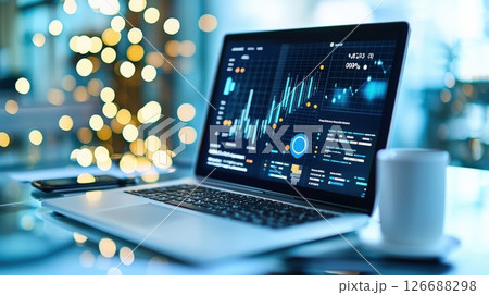 Financial data analytics on laptop screen with bokeh lights 126688298