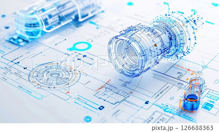 Innovative 3d engineering design blueprint and camera lens concept Innovative 3d engineering design blueprint and camera lens concept 126688363