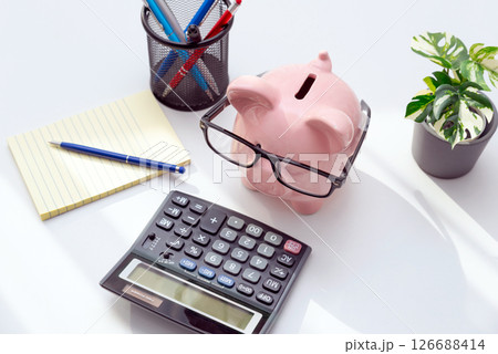 Smart piggy bank wearing glasses, using calculator Smart piggy bank wearing glasses, using calculator 126688414