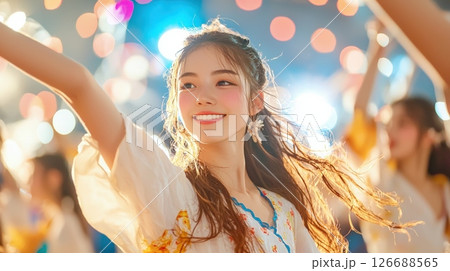 Joyful young woman dancing at a festive night concert Joyful young woman dancing at a festive night concert 126688565