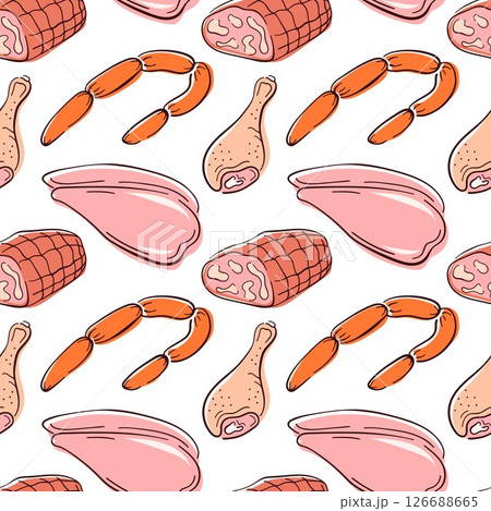 Seamless pattern of chicken fillet and leg, sausages and ham in flat style on white background. Ideal for food packaging, kitchen decor or butcher shop wrapping paper. Seamless pattern of chicken fillet and leg, sausages and ham in flat style on white background. Ideal for food packaging, kitchen decor or butcher shop wrapping paper. 126688665