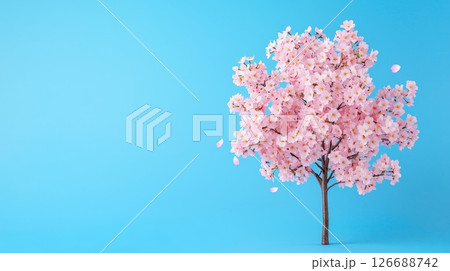 Stunning pink flowered tree against a vibrant blue background  perfect for nature lovers 126688742