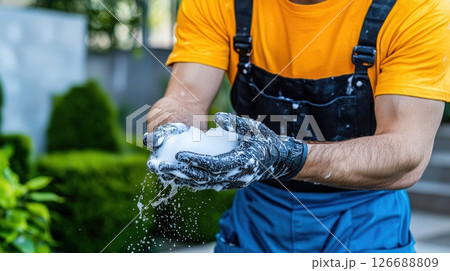 Worker washing hands, hygiene on job site 126688809